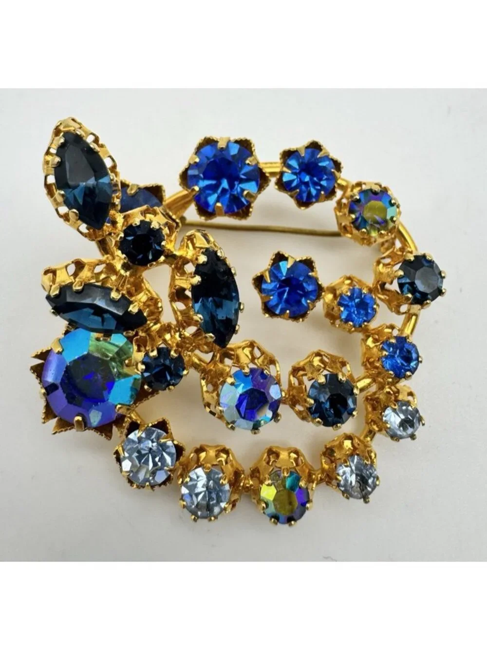Vintage AUSTRIAN Brooch, Blue Crystal AB Rhinestone Prong Set, Lots of Sparkle!
